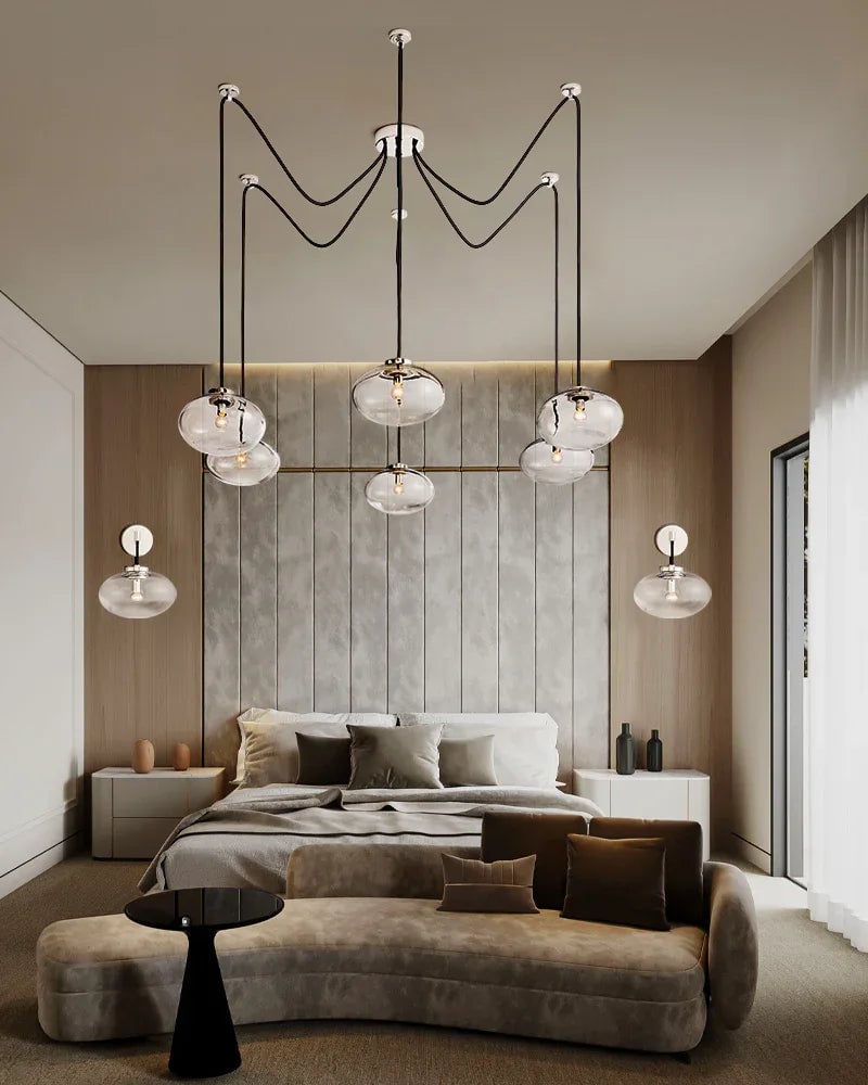 LightsStory Series Sinuous Pendant Light | Oval Handblown Glass Handblown clear glass with brass, black, and silver metal frame, Mixed Brass, Black, and Silver finish for Kitchen Islands and Dining Areas Modern Pendant lamp
