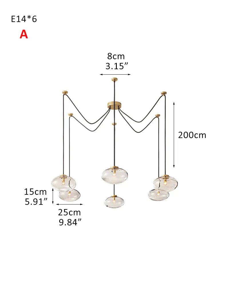 LightsStory Series Sinuous Pendant Light | Oval Handblown Glass Handblown clear glass with brass, black, and silver metal frame, Mixed Brass, Black, and Silver finish for Kitchen Islands and Dining Areas 6-light-D25*H15CM D9.84“*H5.91"-A Brass Modern Pendant lamp