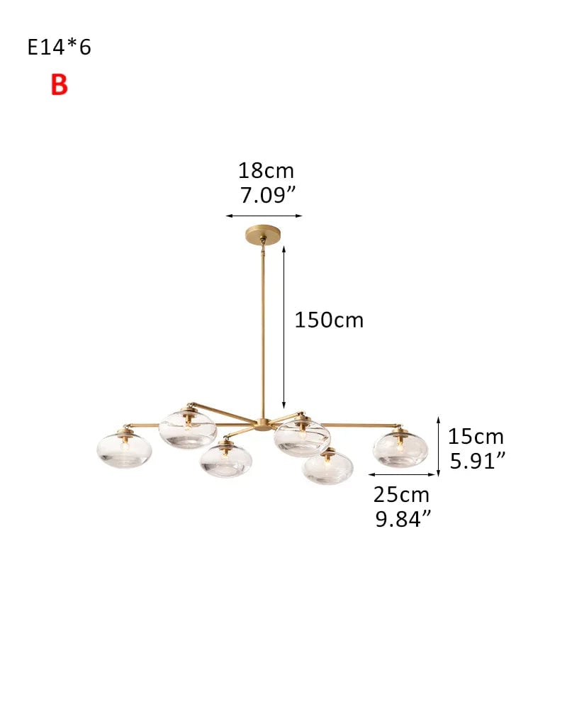 LightsStory Series Sinuous Pendant Light | Oval Handblown Glass Handblown clear glass with brass, black, and silver metal frame, Mixed Brass, Black, and Silver finish for Kitchen Islands and Dining Areas 6-light-D25*H15CM D9.84“*H5.91"-B Brass Modern Pendant lamp