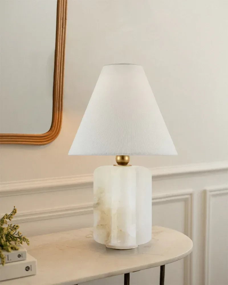 Lota Series Geometric Table Lamp | Drum Silhouette Natural Alabaster and Brass, Polished Brass finish for Living rooms, bedrooms, and home offices Vintage table lamp