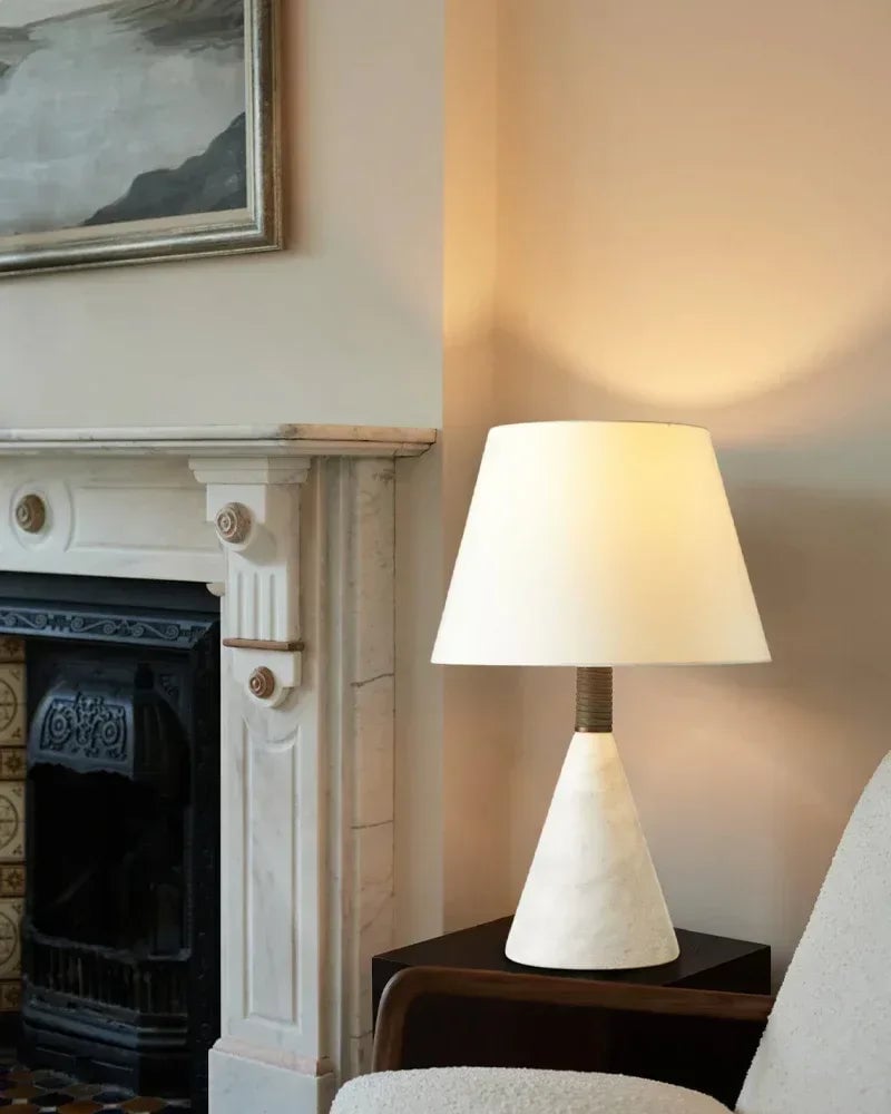 Lota Series Geometric Table Lamp | Drum Silhouette Natural Alabaster and Brass, Polished Brass finish for Living rooms, bedrooms, and home offices Vintage table lamp