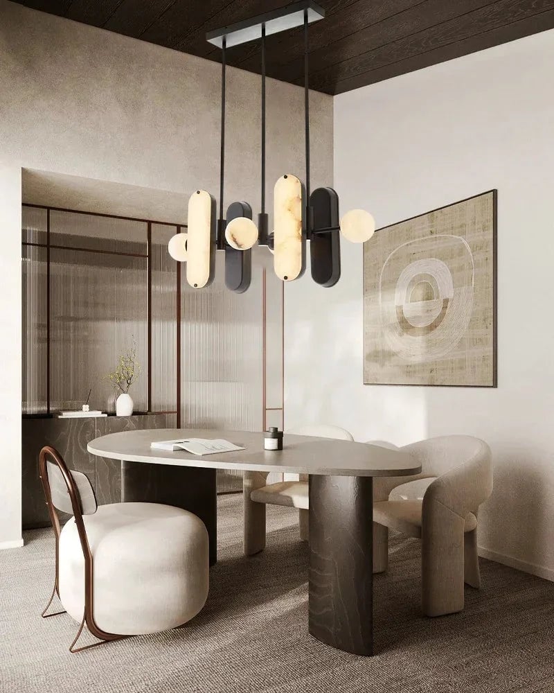 Maradona Series Geometric Pendant Light | Linear English black iron frame and luminous white alabaster shades, English black iron finish for Kitchen Islands and Dining Rooms Modern Pendant lamp