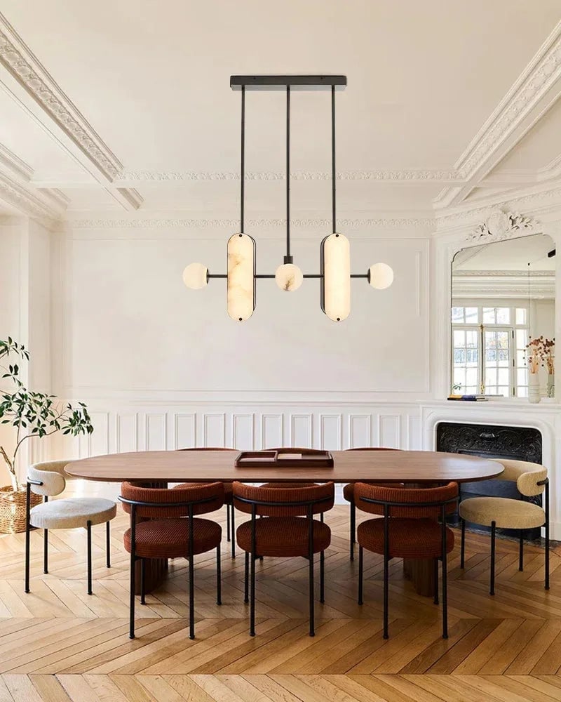 Maradona Series Geometric Pendant Light | Linear English black iron frame and luminous white alabaster shades, English black iron finish for Kitchen Islands and Dining Rooms Modern Pendant lamp