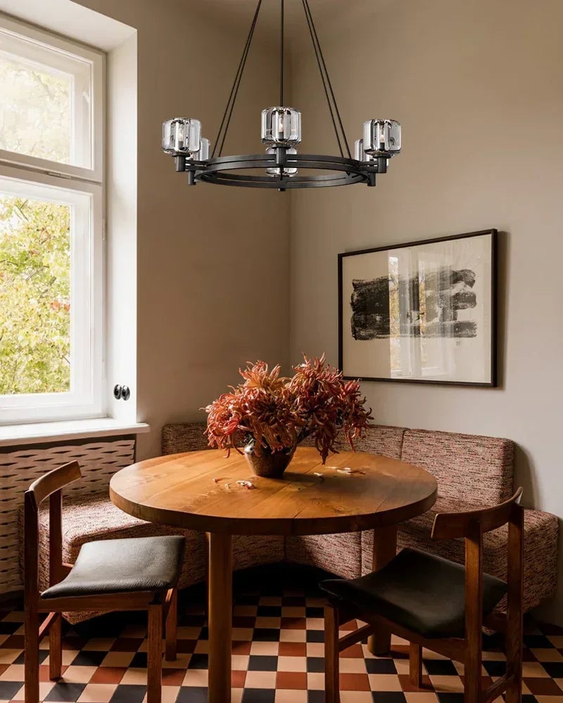 Mayfair Series Prismatic Chandelier | Round Dual-Metal Frame Hand-polished K9 cast crystal with dual-metal frame, Aged Brass and Black finish for Modern Dining Rooms and Entryways American chandelier