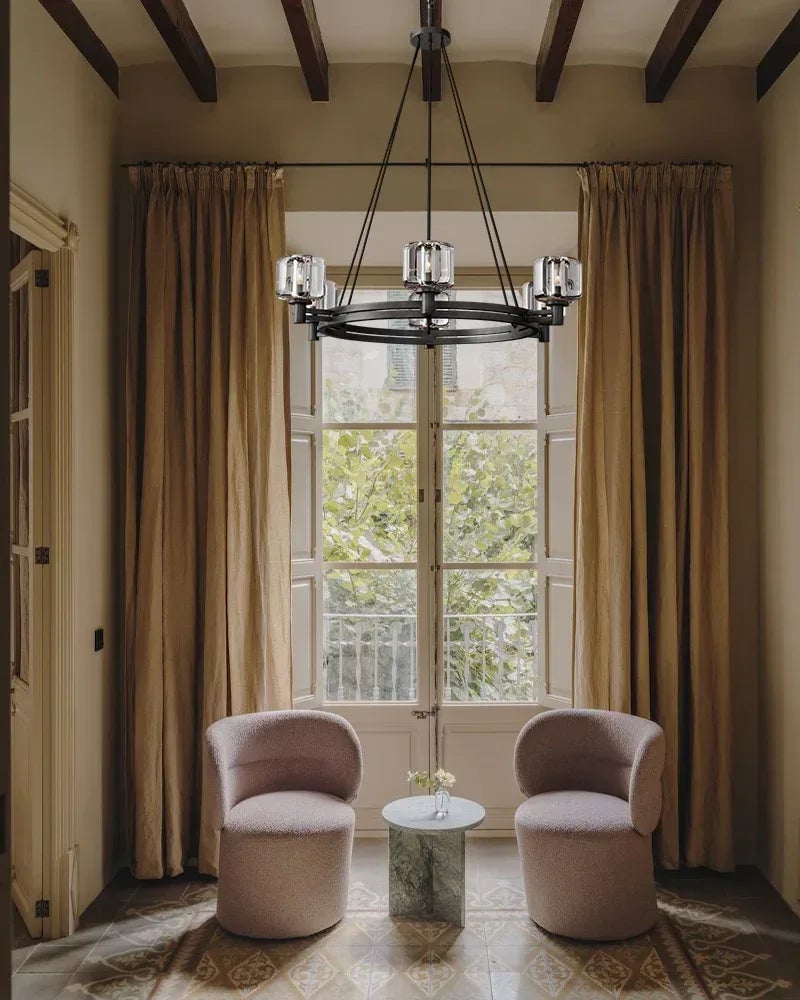 Mayfair Series Prismatic Chandelier | Round Dual-Metal Frame Hand-polished K9 cast crystal with dual-metal frame, Aged Brass and Black finish for Modern Dining Rooms and Entryways American chandelier