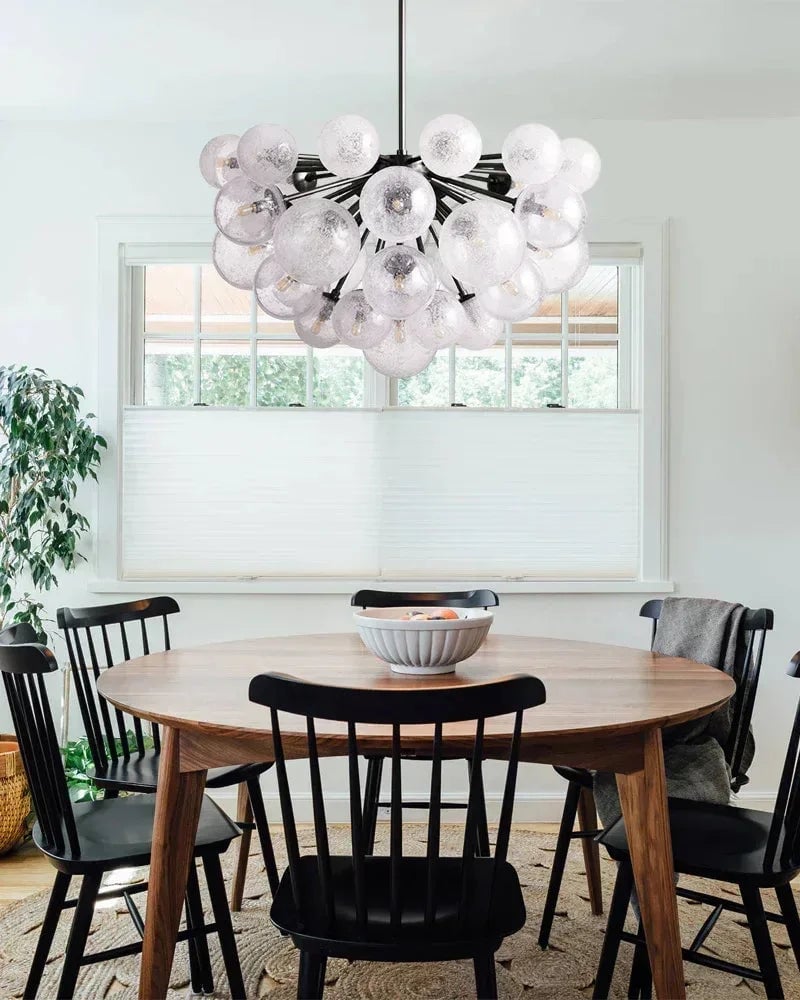 Megève Series Architectural Chandelier | Globe Bubble Glass Reactive hand-blown bubble glass and brushed steel, Brushed Brass, Black, or Silver Steel finish for Dining rooms, entryways, and open living spaces American Vintage chandelier lamp