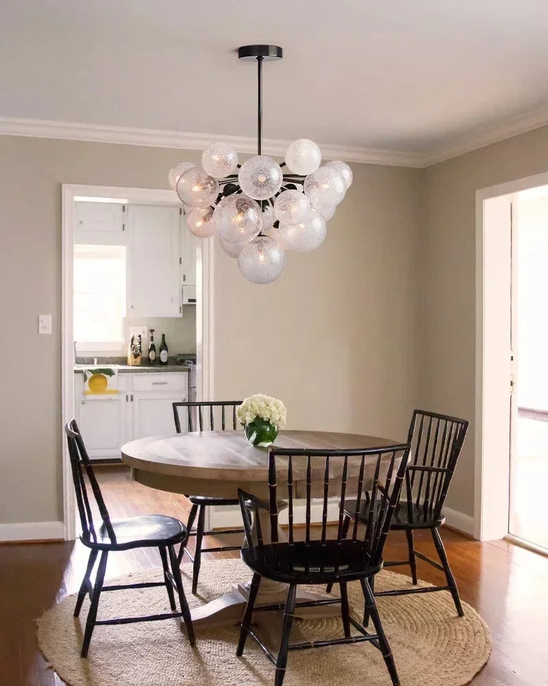 Megève Series Architectural Chandelier | Globe Bubble Glass Reactive hand-blown bubble glass and brushed steel, Brushed Brass, Black, or Silver Steel finish for Dining rooms, entryways, and open living spaces American Vintage chandelier lamp