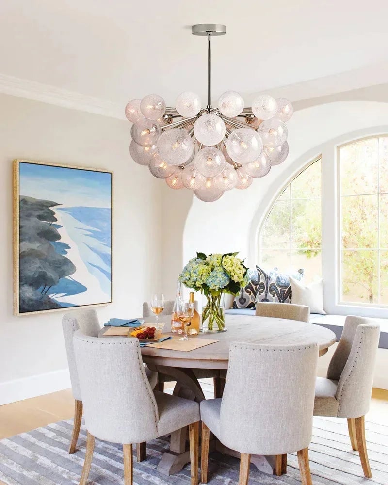 Megève Series Architectural Chandelier | Globe Bubble Glass Reactive hand-blown bubble glass and brushed steel, Brushed Brass, Black, or Silver Steel finish for Dining rooms, entryways, and open living spaces American Vintage chandelier lamp