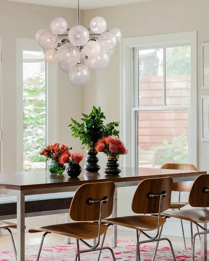 Megève Series Ethereal Chandelier | Linear Reactive hand-blown bubble glass with brushed steel, Brushed brass, black, or silver steel finish for Dining rooms, entryways, and open-concept living spaces American Vintage chandelier lamp