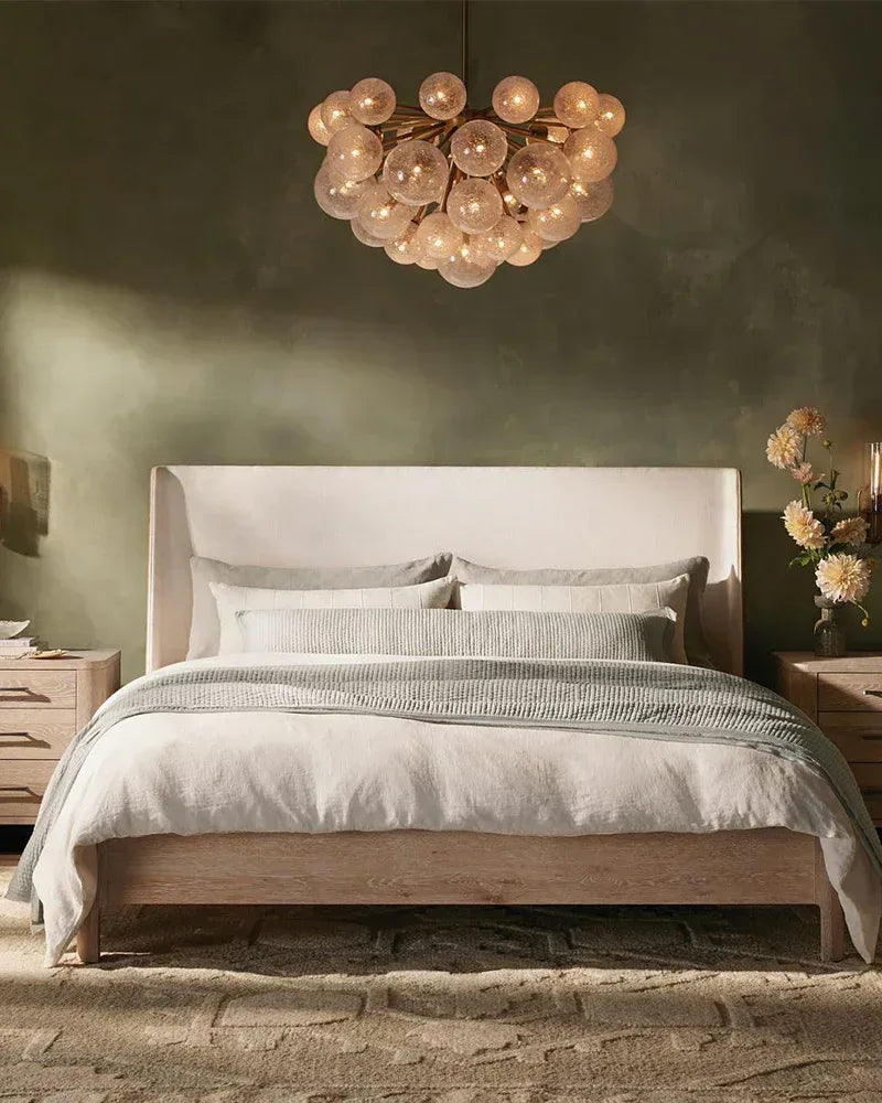Megève Series Ethereal Chandelier | Linear Reactive hand-blown bubble glass with brushed steel, Brushed brass, black, or silver steel finish for Dining rooms, entryways, and open-concept living spaces American Vintage chandelier lamp