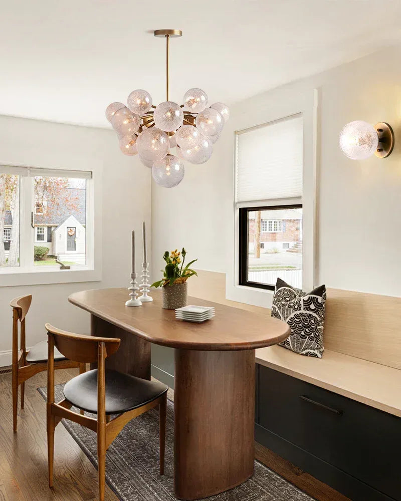 Megève Series Ethereal Chandelier | Linear Reactive hand-blown bubble glass with brushed steel, Brushed brass, black, or silver steel finish for Dining rooms, entryways, and open-concept living spaces American Vintage chandelier lamp