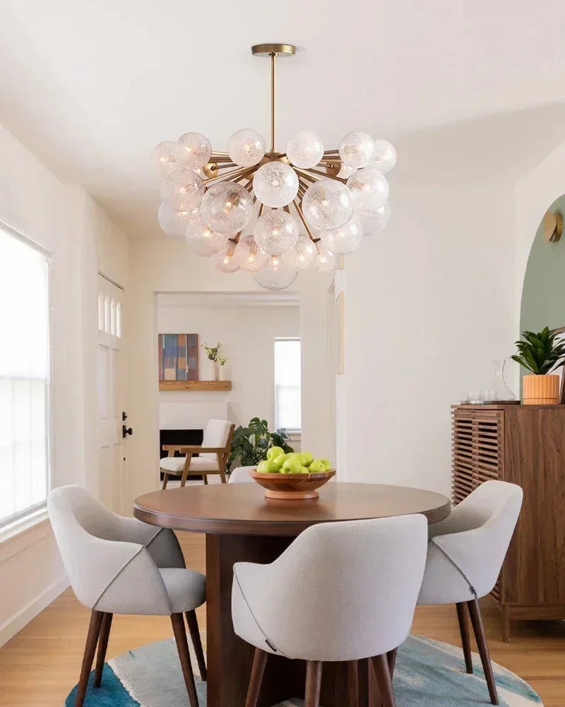 Megève Series Ethereal Chandelier | Linear Reactive hand-blown bubble glass with brushed steel, Brushed brass, black, or silver steel finish for Dining rooms, entryways, and open-concept living spaces American Vintage chandelier lamp