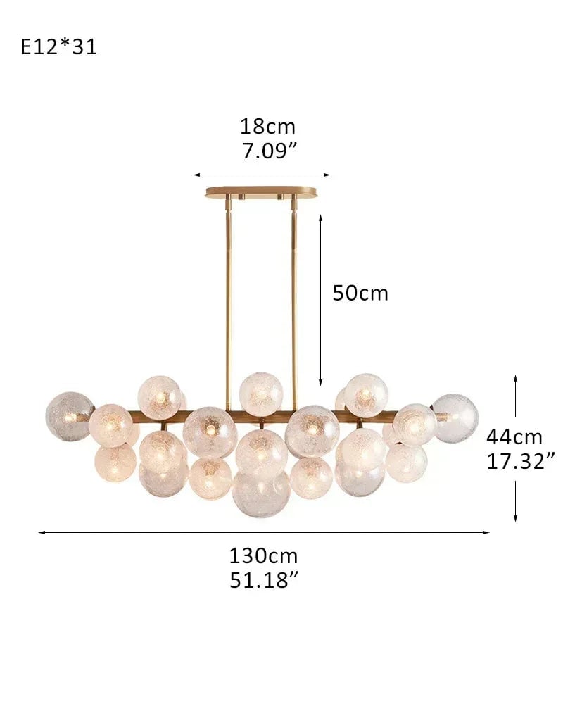 Megève Series Ethereal Chandelier | Linear Reactive hand-blown bubble glass with brushed steel, Brushed brass, black, or silver steel finish for Dining rooms, entryways, and open-concept living spaces 31-light-D130*H44CM D51.18“*H17.32"（Hanging） Brass American Vintage chandelier lamp