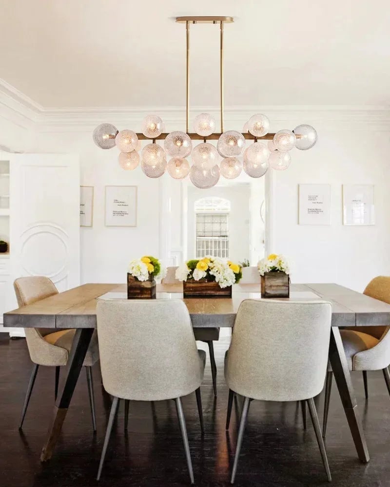 Megève Series Ethereal Chandelier | Linear Reactive hand-blown bubble glass with brushed steel, Brushed brass, black, or silver steel finish for Dining rooms, entryways, and open-concept living spaces American Vintage chandelier lamp