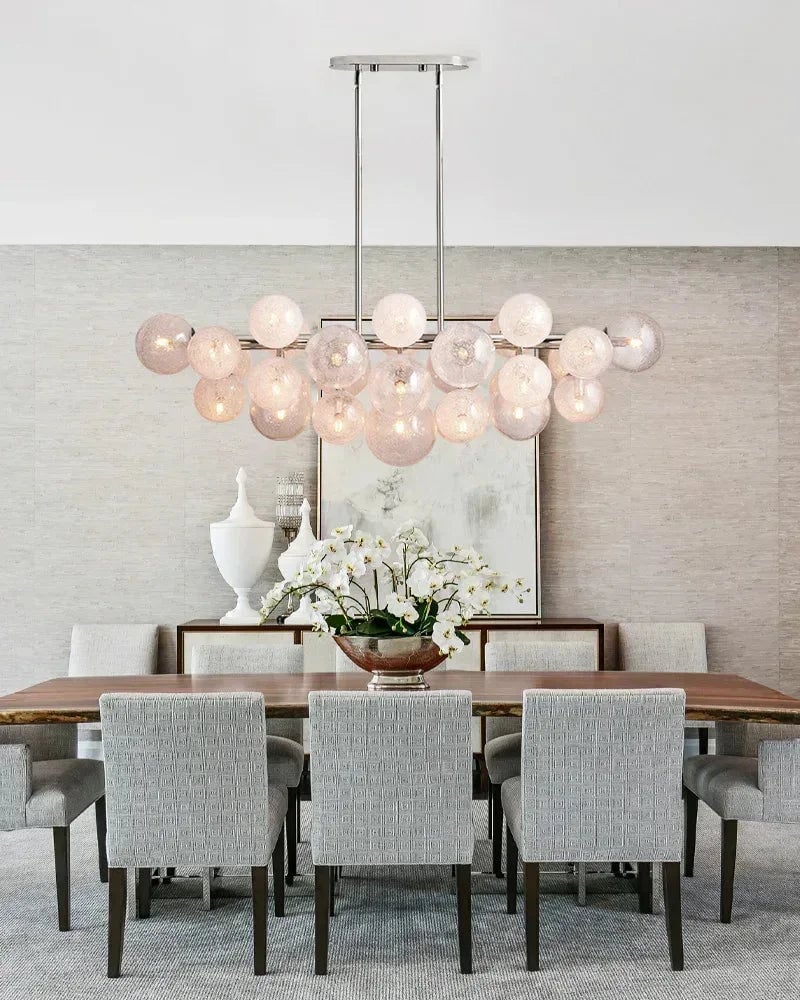 Megève Series Ethereal Chandelier | Linear Reactive hand-blown bubble glass with brushed steel, Brushed brass, black, or silver steel finish for Dining rooms, entryways, and open-concept living spaces American Vintage chandelier lamp