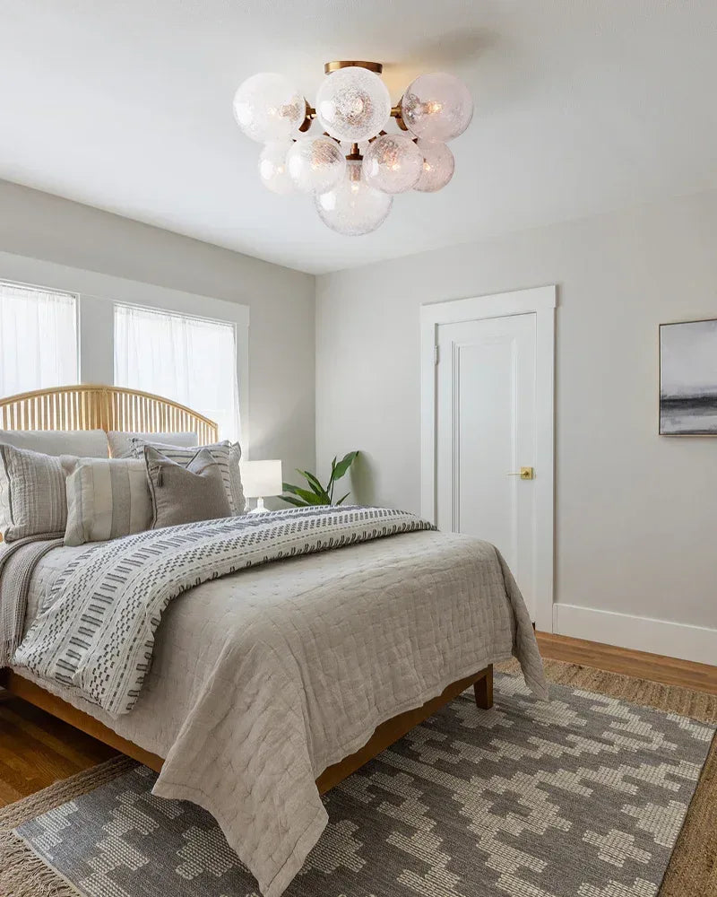 Megève Series Luminous Semi-Flush Mount | Multi-Light Bubble Glass Hand-Blown Textured Bubble Glass, Industrial Brass and Black finish for Kitchens, Entryways, and Dining Rooms American Vintage chandelier lamp