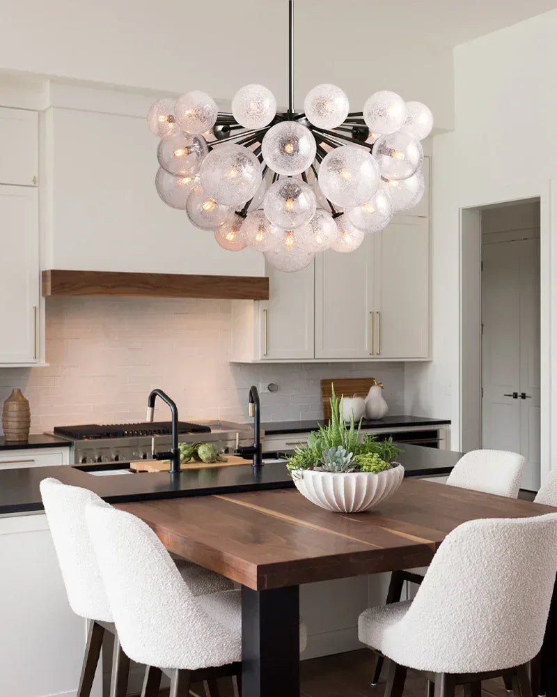 Megève Series Luminous Semi-Flush Mount | Multi-Light Bubble Glass Hand-Blown Textured Bubble Glass, Industrial Brass and Black finish for Kitchens, Entryways, and Dining Rooms American Vintage chandelier lamp