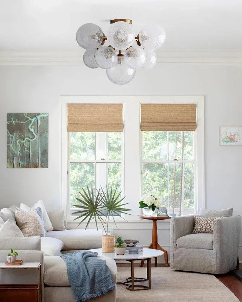Megève Series Luminous Semi-Flush Mount | Multi-Light Bubble Glass Hand-Blown Textured Bubble Glass, Industrial Brass and Black finish for Kitchens, Entryways, and Dining Rooms American Vintage chandelier lamp