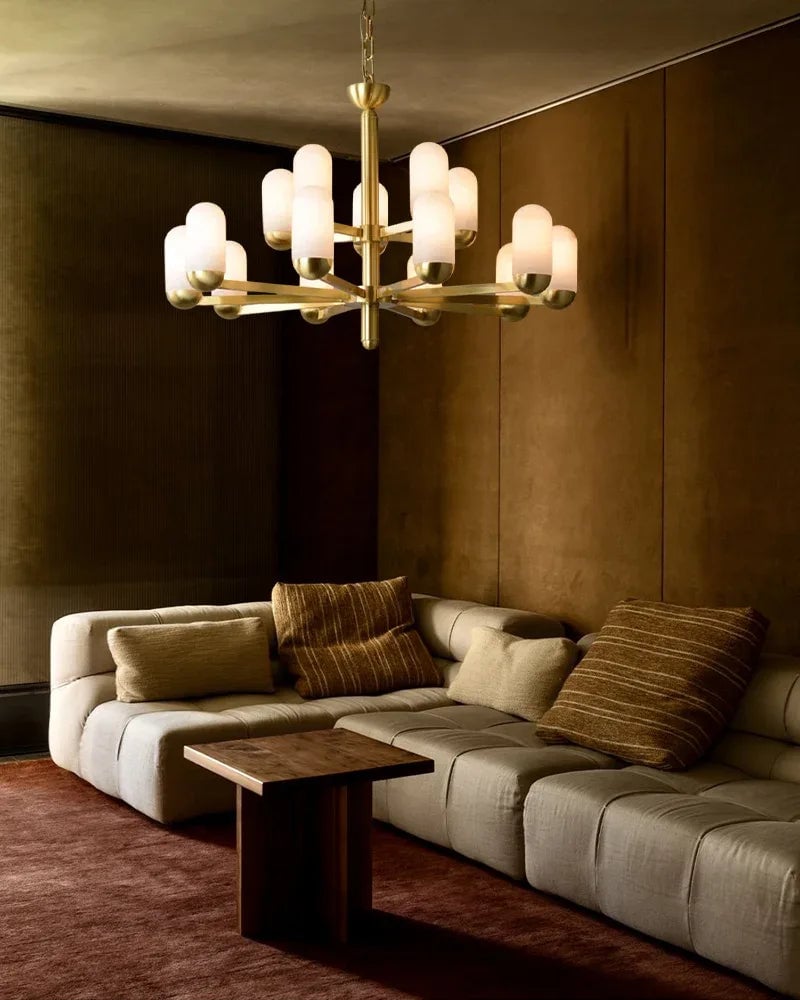 Moonshade Series Geometric Chandelier | Multi-Light Spanish-imported natural marble and gleaming brass, Gleaming Brass finish for Dining and living spaces Luxury Modern Chandelier