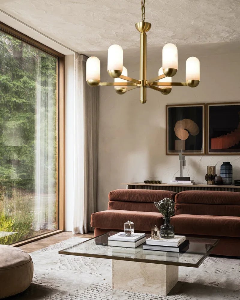 Moonshade Series Geometric Chandelier | Multi-Light Spanish-imported natural marble and gleaming brass, Gleaming Brass finish for Dining and living spaces Luxury Modern Chandelier