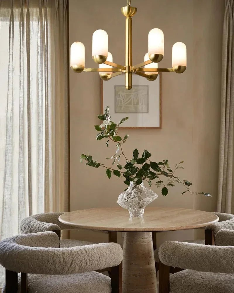 Moonshade Series Geometric Chandelier | Multi-Light Spanish-imported natural marble and gleaming brass, Gleaming Brass finish for Dining and living spaces Luxury Modern Chandelier