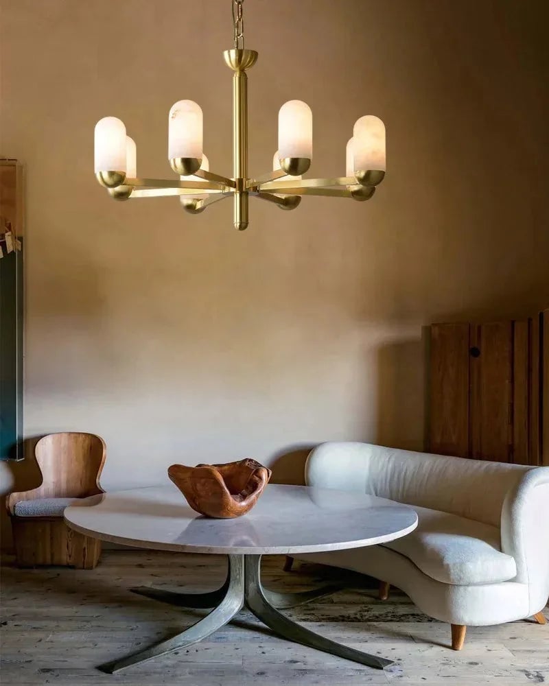 Moonshade Series Geometric Chandelier | Multi-Light Spanish-imported natural marble and gleaming brass, Gleaming Brass finish for Dining and living spaces Luxury Modern Chandelier