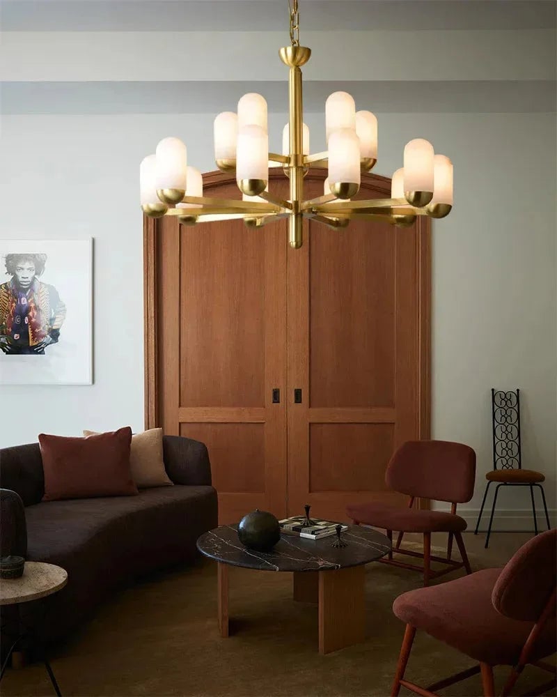 Moonshade Series Geometric Chandelier | Multi-Light Spanish-imported natural marble and gleaming brass, Gleaming Brass finish for Dining and living spaces Luxury Modern Chandelier