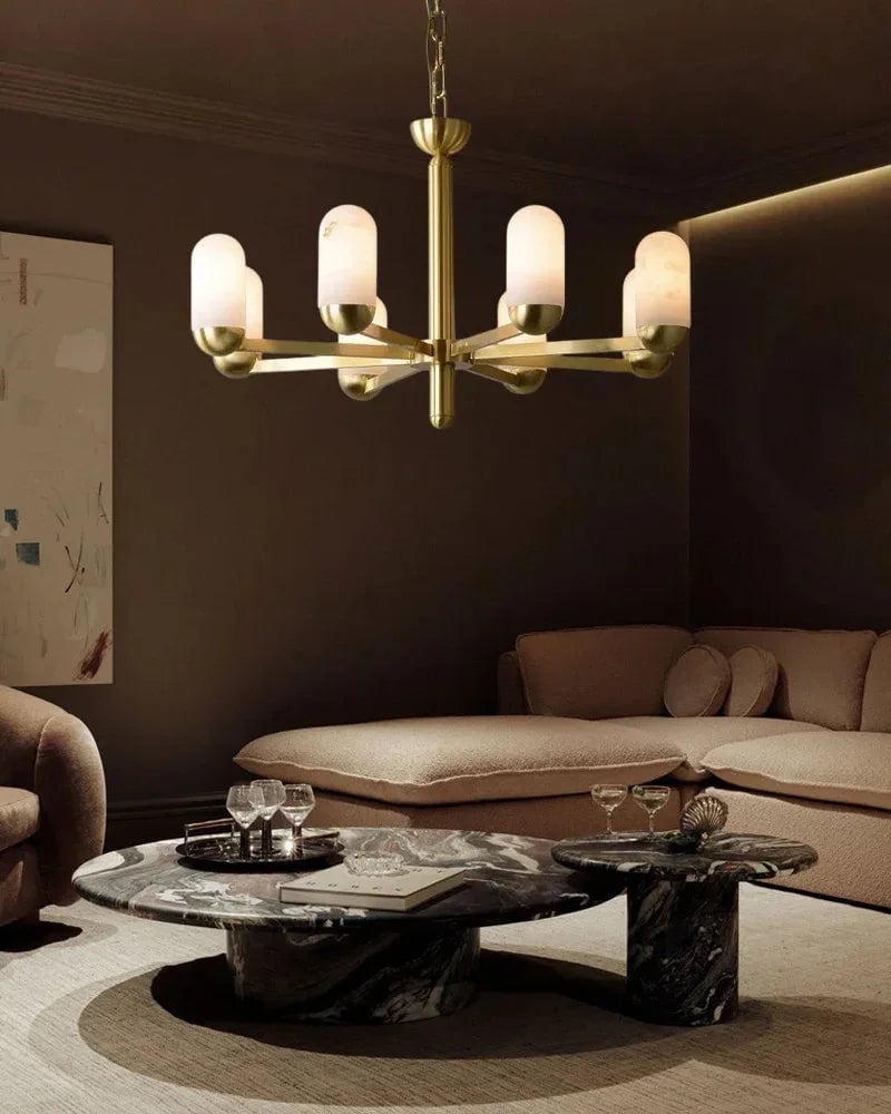 Moonshade Series Geometric Chandelier | Multi-Light Spanish-imported natural marble and gleaming brass, Gleaming Brass finish for Dining and living spaces Luxury Modern Chandelier
