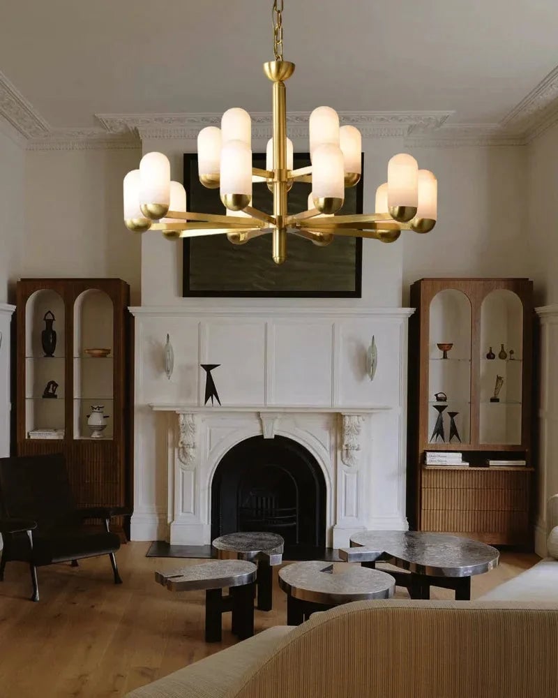 Moonshade Series Geometric Chandelier | Multi-Light Spanish-imported natural marble and gleaming brass, Gleaming Brass finish for Dining and living spaces Luxury Modern Chandelier