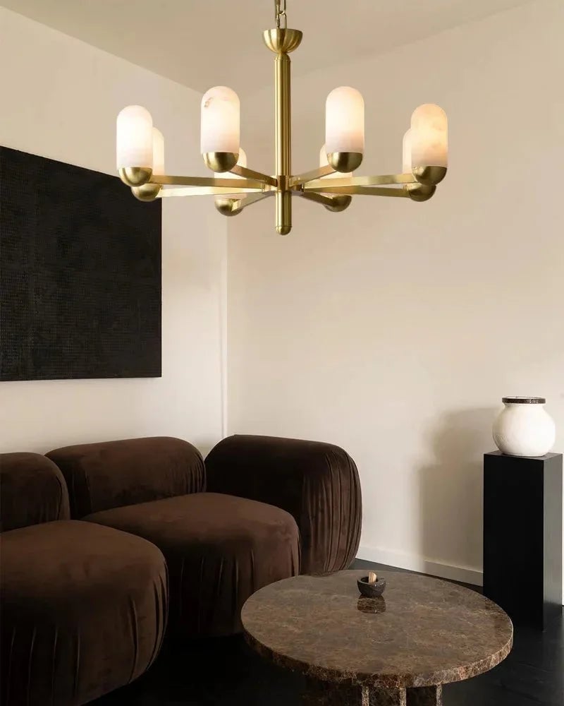 Moonshade Series Geometric Chandelier | Multi-Light Spanish-imported natural marble and gleaming brass, Gleaming Brass finish for Dining and living spaces Luxury Modern Chandelier
