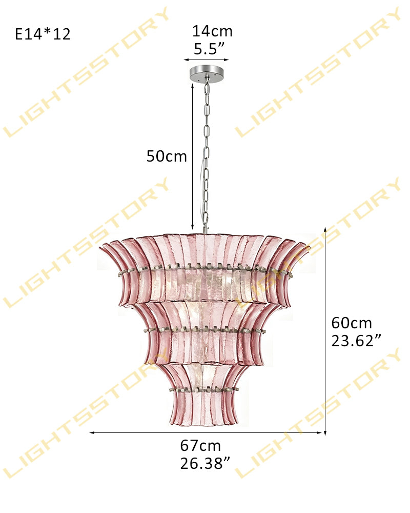 Ghiaccio Glass Blush Pink Prism Multi Tiered Waterfall Chandelier - Heritage Brass Trim - Living Room & Dining Room