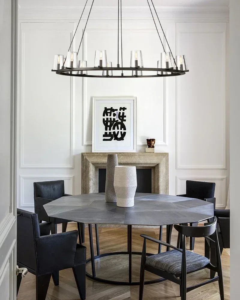 Ravello Series Geometric Chandelier | Open Circular Classic brass structure with clear glass shades, Modern Black and Brass finish for Dining Rooms, Kitchens, and Entryways American chandelier