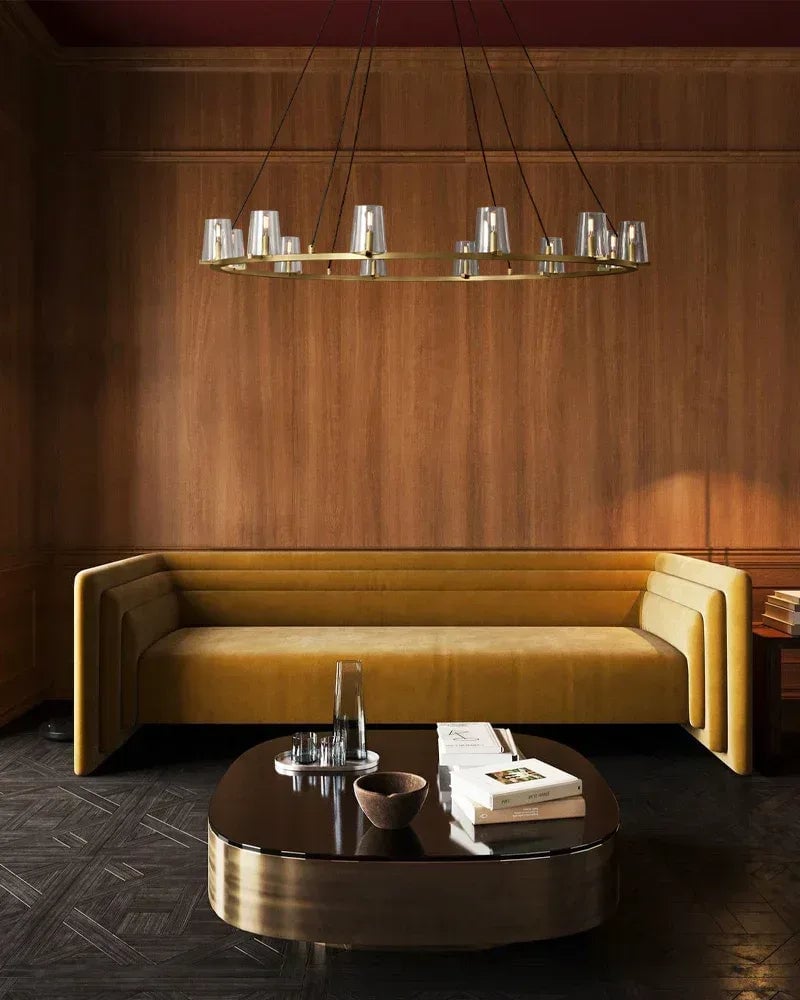 Ravello Series Geometric Chandelier | Open Circular Classic brass structure with modern clear glass shades, Lacquered Brass and Black framework for Dining rooms, kitchens, and entryways American chandelier