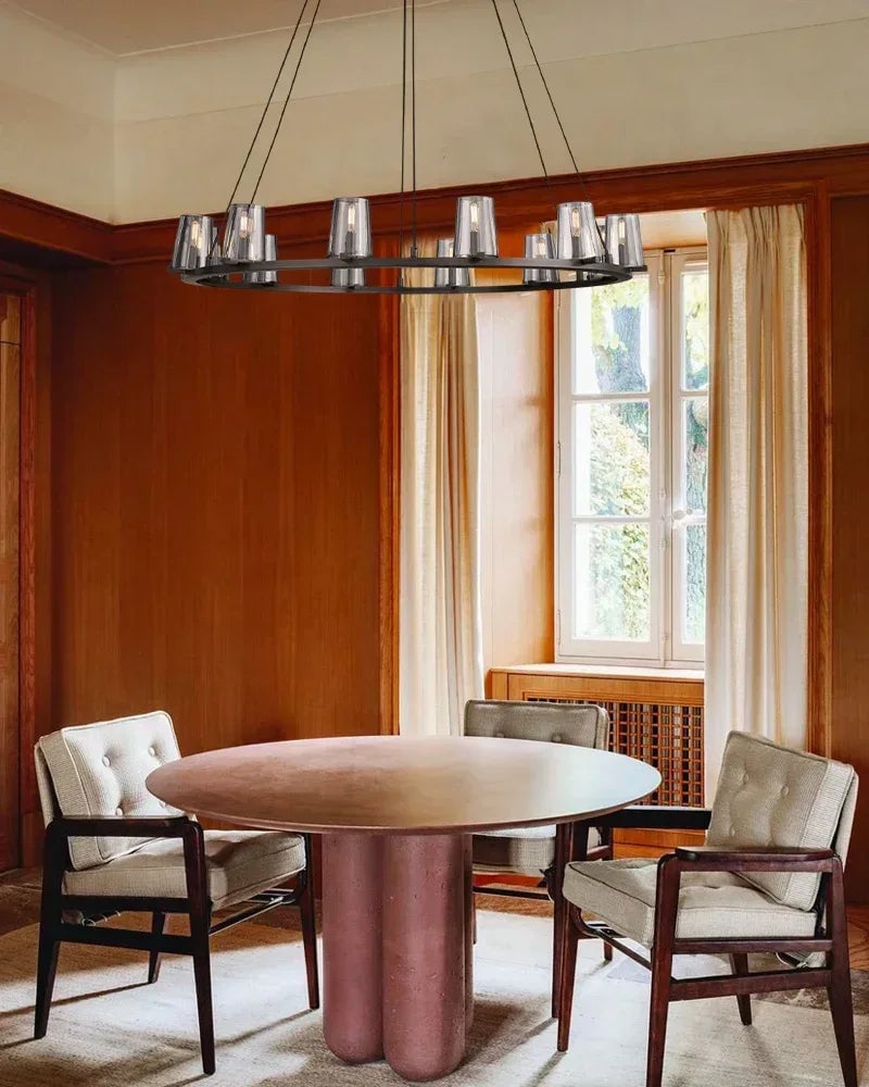 Ravello Series Geometric Chandelier | Open Circular Classic brass structure with modern clear glass shades, Lacquered Brass and Black framework for Dining rooms, kitchens, and entryways American chandelier