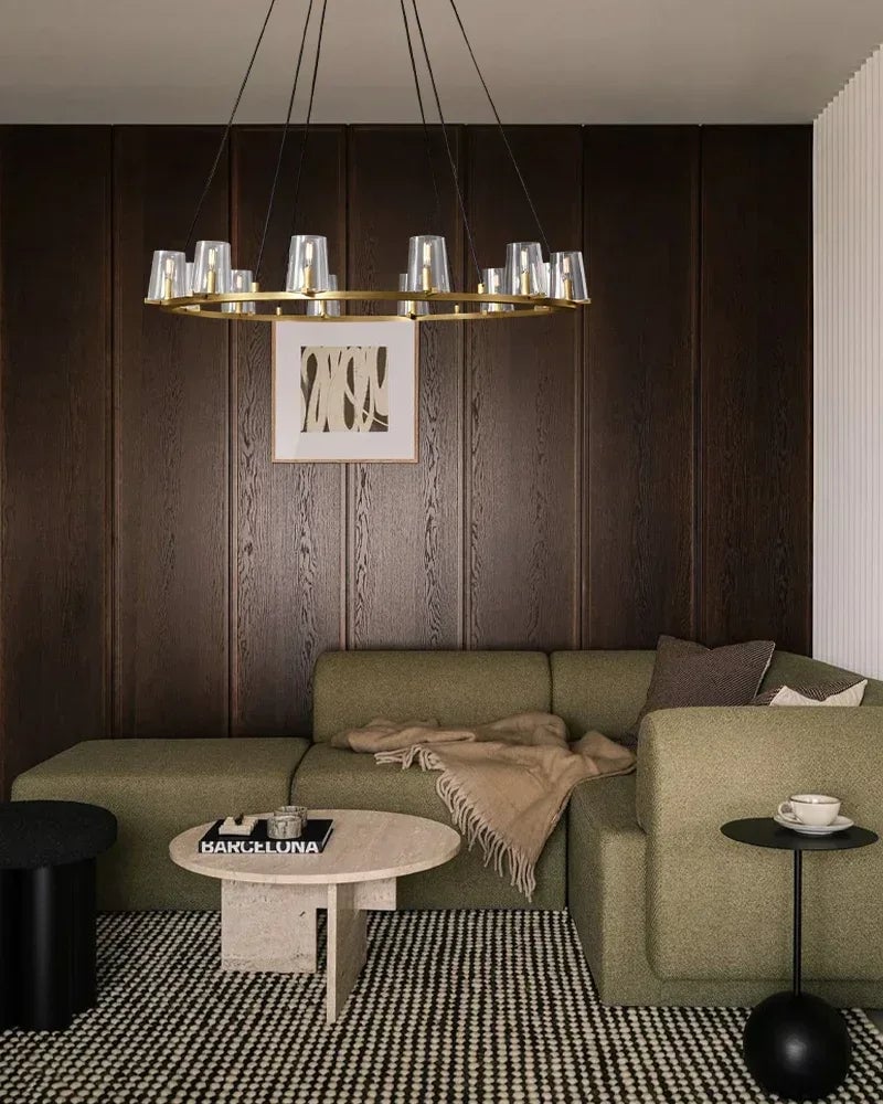 Ravello Series Geometric Chandelier | Open Circular Classic brass structure with clear glass shades, Modern Black and Brass finish for Dining Rooms, Kitchens, and Entryways American chandelier