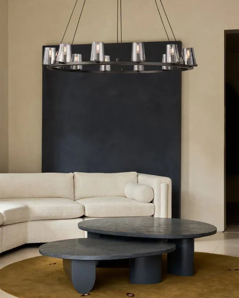 Ravello Series Geometric Chandelier | Open Circular Classic brass structure with modern clear glass shades, Lacquered Brass and Black framework for Dining rooms, kitchens, and entryways American chandelier