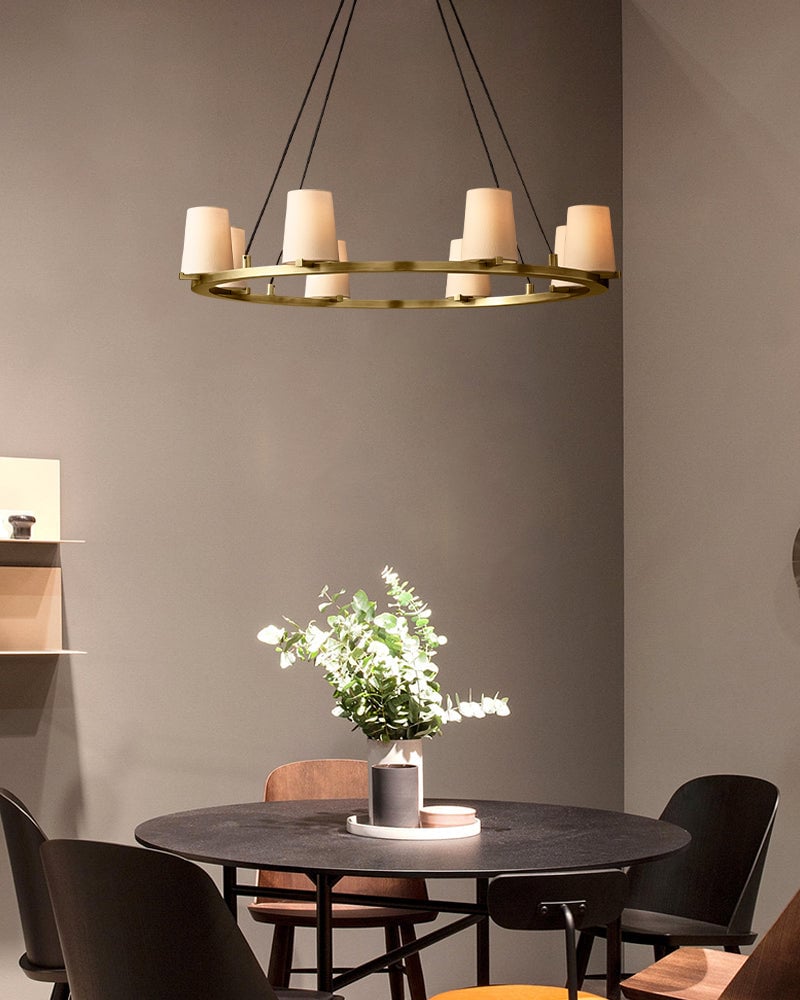 Ravello Series Geometric Chandelier | Open Circular Classic brass structure with modern beige fabric shades, Lacquered Burnished Brass and Black for Dining rooms, kitchens, and entryways American chandelier