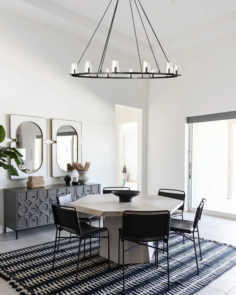 Ravello Series Geometric Chandelier | Open Circular Classic brass structure with clear glass shades, Modern Black and Brass finish for Dining Rooms, Kitchens, and Entryways American chandelier