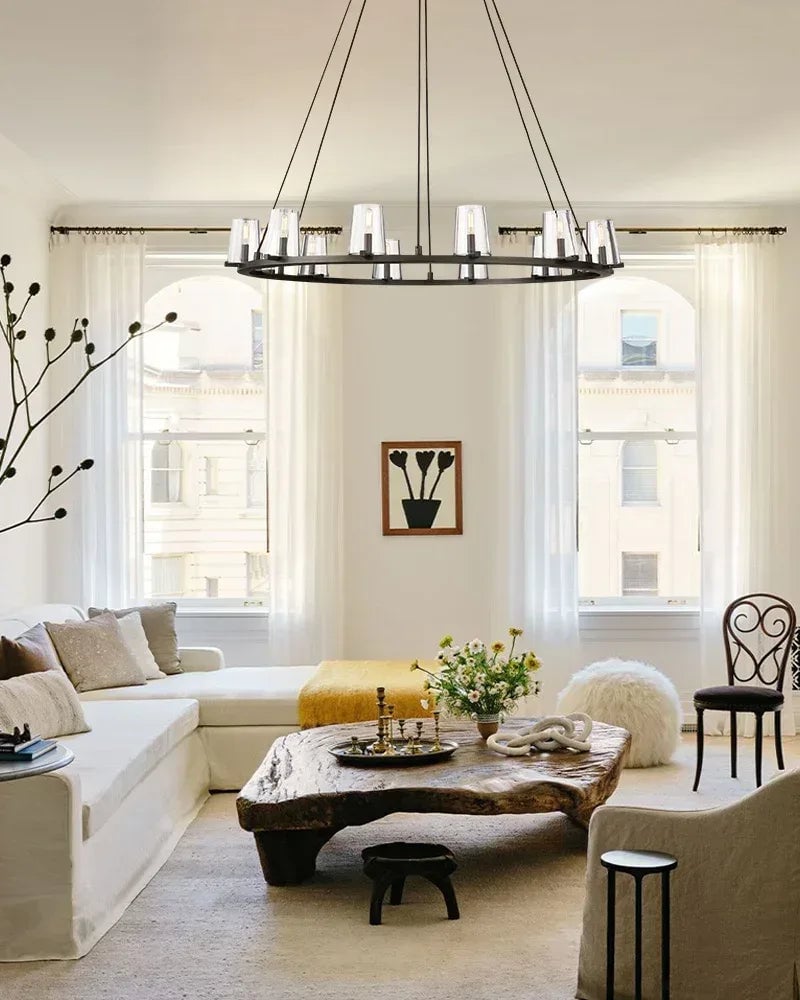 Ravello Series Geometric Chandelier | Open Circular Classic brass structure with modern clear glass shades, Lacquered Brass and Black framework for Dining rooms, kitchens, and entryways American chandelier