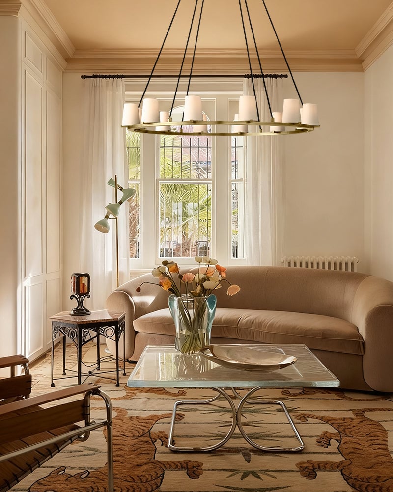 Ravello Series Geometric Chandelier | Open Circular Classic brass structure with modern beige fabric shades, Lacquered Burnished Brass and Black for Dining rooms, kitchens, and entryways American chandelier