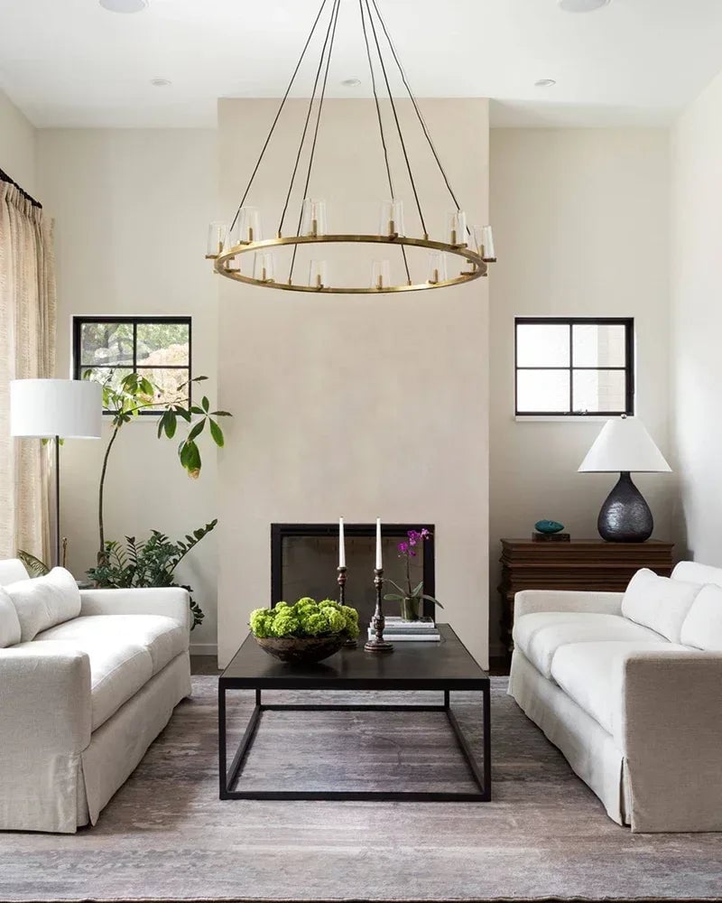 Ravello Series Geometric Chandelier | Open Circular Classic brass structure with clear glass shades, Modern Black and Brass finish for Dining Rooms, Kitchens, and Entryways American chandelier