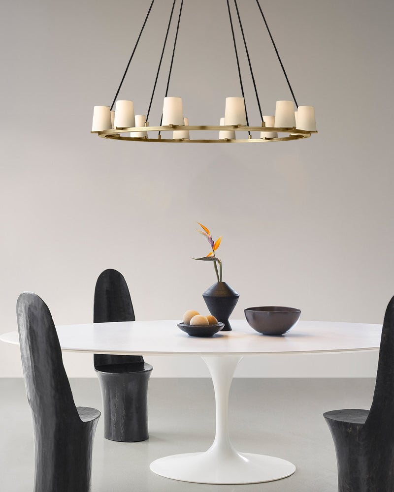 Ravello Series Geometric Linear Chandelier | Open Circular Classic brass structure with modern beige fabric shades, Lacquered Burnished Brass and Black for Dining rooms, kitchens, and entryways American chandelier
