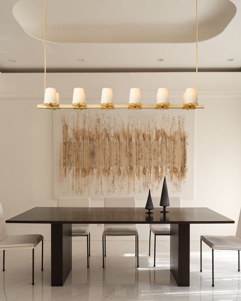 Ravello Series Geometric Linear Chandelier | Open Circular Classic brass structure with modern beige fabric shades, Lacquered Burnished Brass and Black for Dining rooms, kitchens, and entryways American chandelier