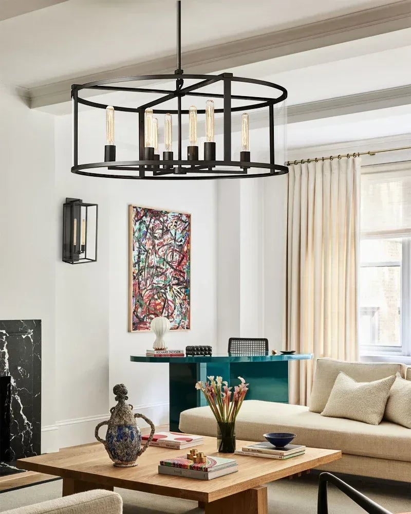Rockport Series Geometric Chandelier | Geometric Lantern Tempered glass and sleek metal frame, Brushed brass and black steel for Grand entryways and dining rooms American Vintage chandelier lamp