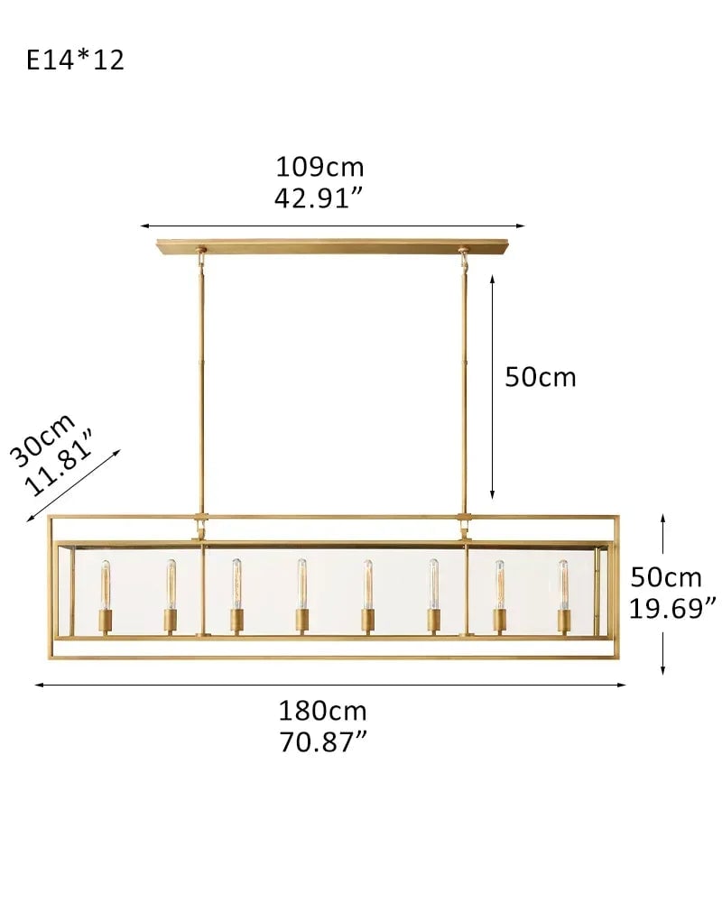Rockport Series Geometric Chandelier | Geometric Lantern Tempered glass and sleek metal frame, Brushed brass and black steel for Grand entryways and dining rooms L-L180*W30*H50CM L70.87“*W11.81"*H19.69" Gold American Vintage chandelier lamp