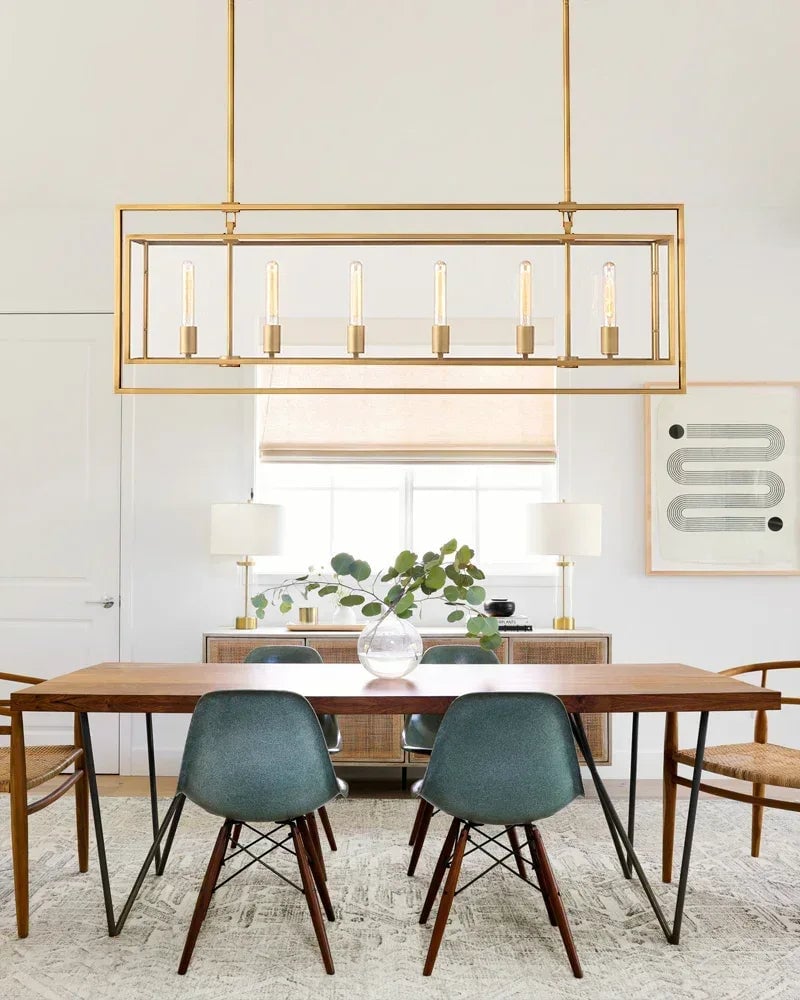 Rockport Series Geometric Chandelier | Rectangular Lantern Tempered glass and sleek metal frame, Brushed brass and black steel for Grand entryways and dining rooms American Vintage chandelier lamp