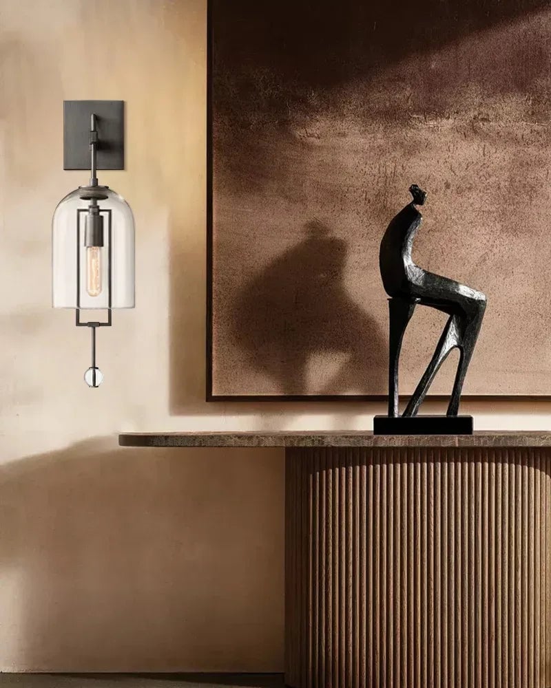 Rockport Series Geometric Wall Sconce | Sculptural Intersecting Stems Ribbed borosilicate glass and lacquered metal for Dining rooms, lobbies, and modern open spaces Flush Mounted Wall Sconce Lamp