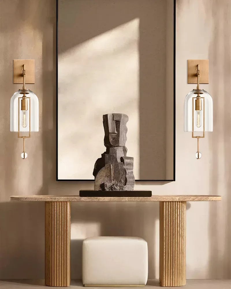 Rockport Series Geometric Wall Sconce | Sculptural Stems Ribbed borosilicate glass and lacquered metal, Brushed Brass accents for Dining rooms, lobbies, and modern open spaces Flush Mounted Wall Sconce Lamp