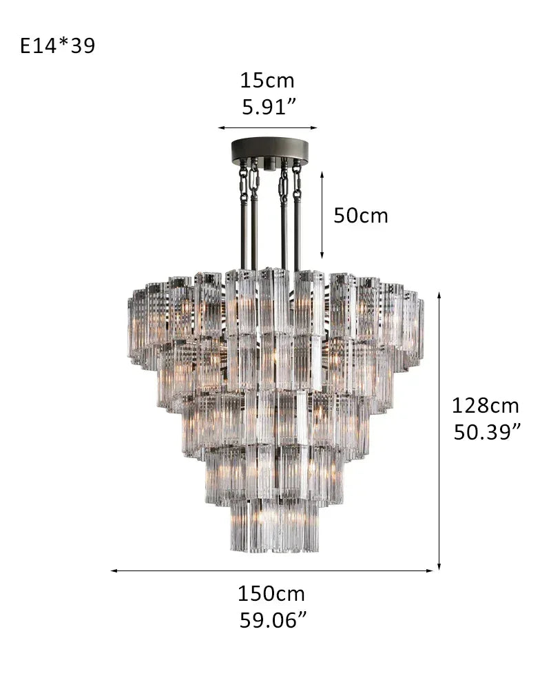 Saint-Cirq Series Geometric Chandelier | 5-Tier Round Hand-Arranged Reeded Smoky Glass and Steel, Premium Brass for Grand Entryways and Dining Rooms 5-Tier-L150CM L59.06" Black Frame + Clear Glass American chandelier