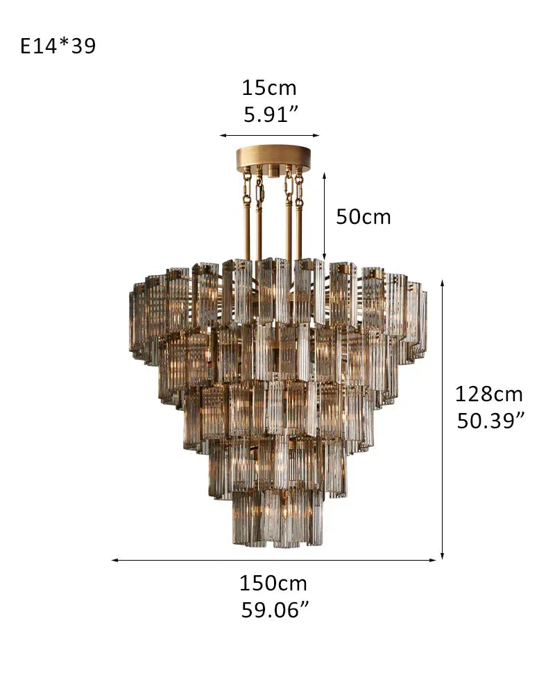 Saint-Cirq Series Geometric Chandelier | 5-Tier Round Hand-Arranged Reeded Smoky Glass and Steel, Premium Brass for Grand Entryways and Dining Rooms 5-Tier-L150CM L59.06" Gold Frame + Smoke Glass American chandelier